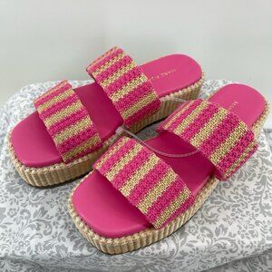 Marc Fisher Womens Barbie Pink Tan Striped Platform Sandals Slip On Size 7.5